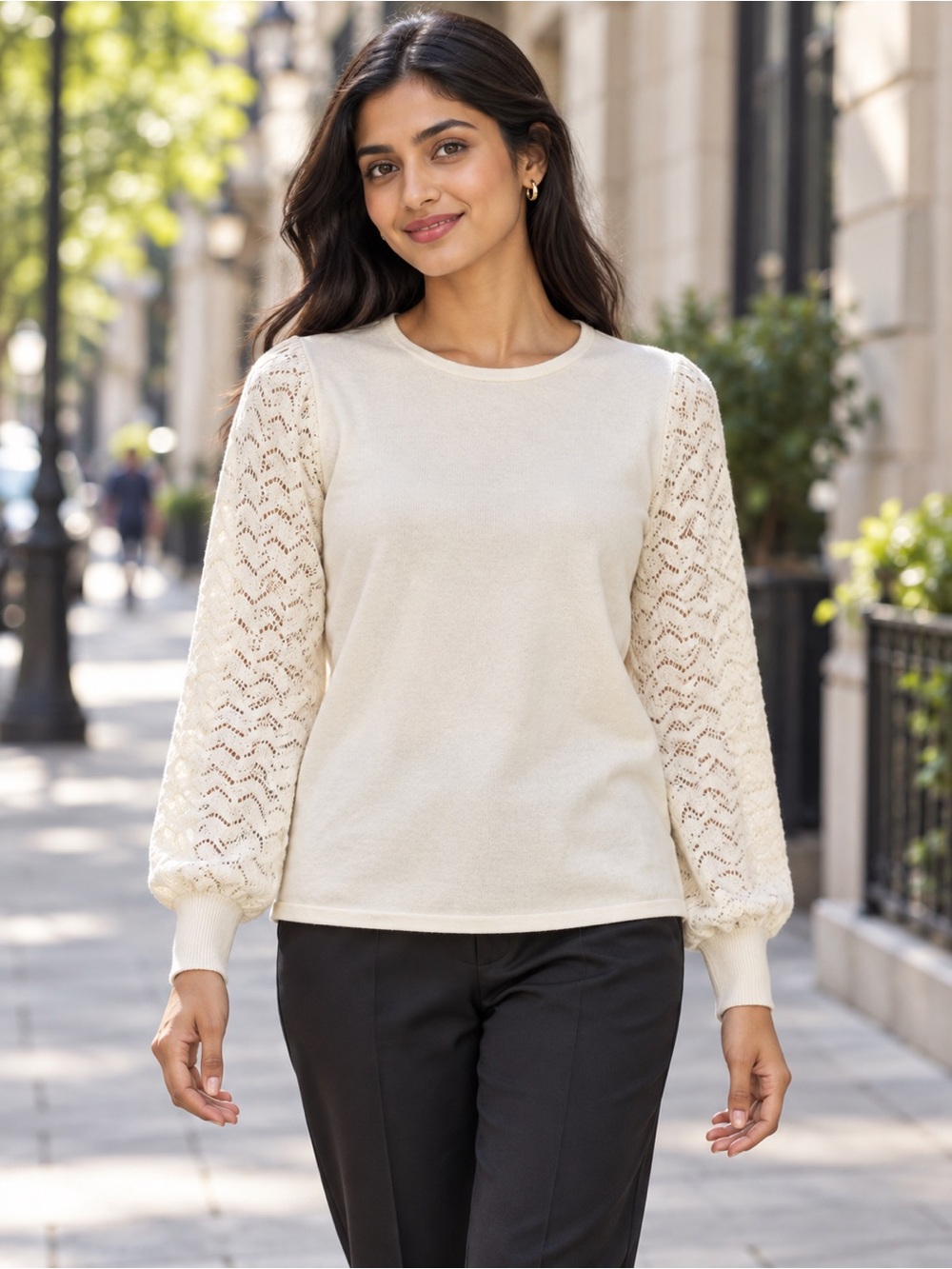 Chico's Ivory Cashmere Blend Lace Balloon Sleeve Knit Sweater Size 0 US S